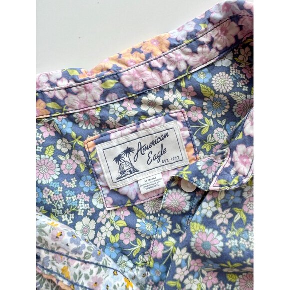 AMERICAN EAGLE Resort Blue Floral Cotton Poplin Short Sleeve Shirt, Size M - Picture 10 of 12